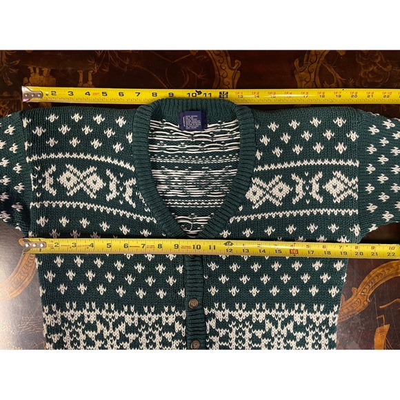 Vtg Gap Green White Fair Isle Cotton Crop Cardigan Sweater Preppy Heritage 90s L - Picture 5 of 9
